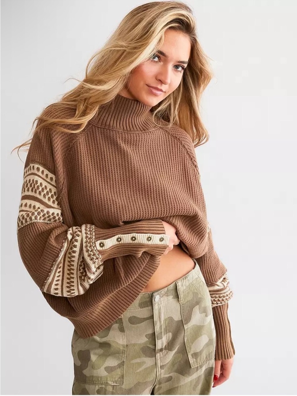 Free People Get Cozy Pullover Sweatshirt Hot Fudge Combo Thermal